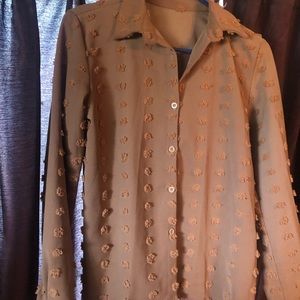 Cinnamon color fun Pom Pom button-up blouse.